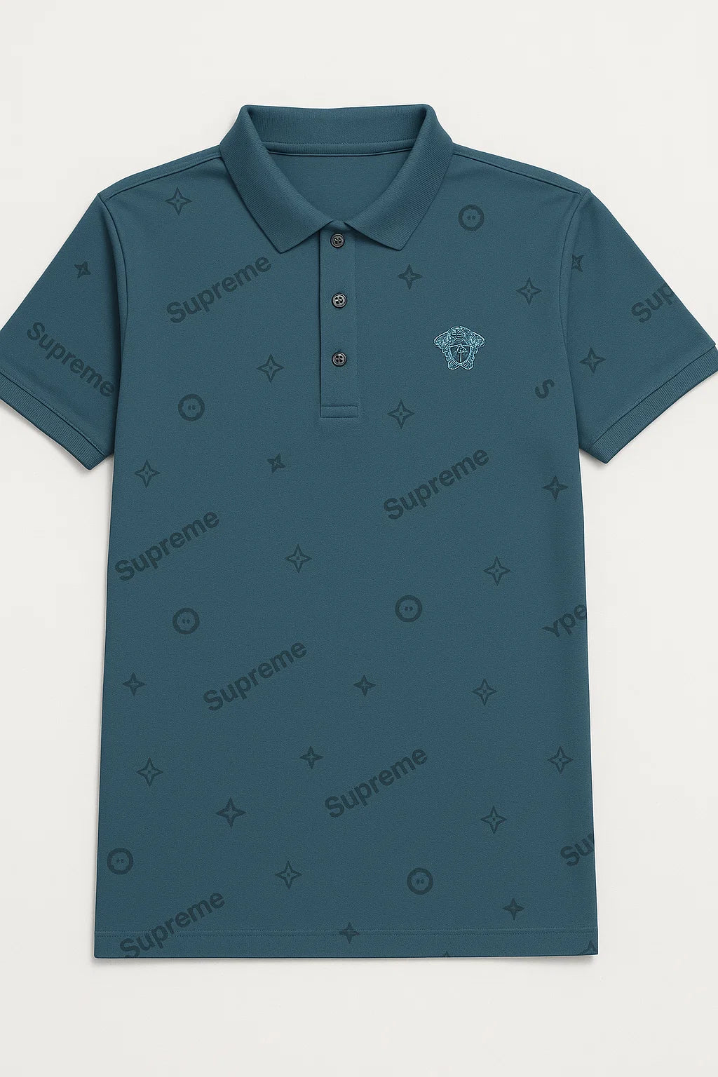 THE STUFF – Teal Designer-Inspired All-Over Print Polo Shirt