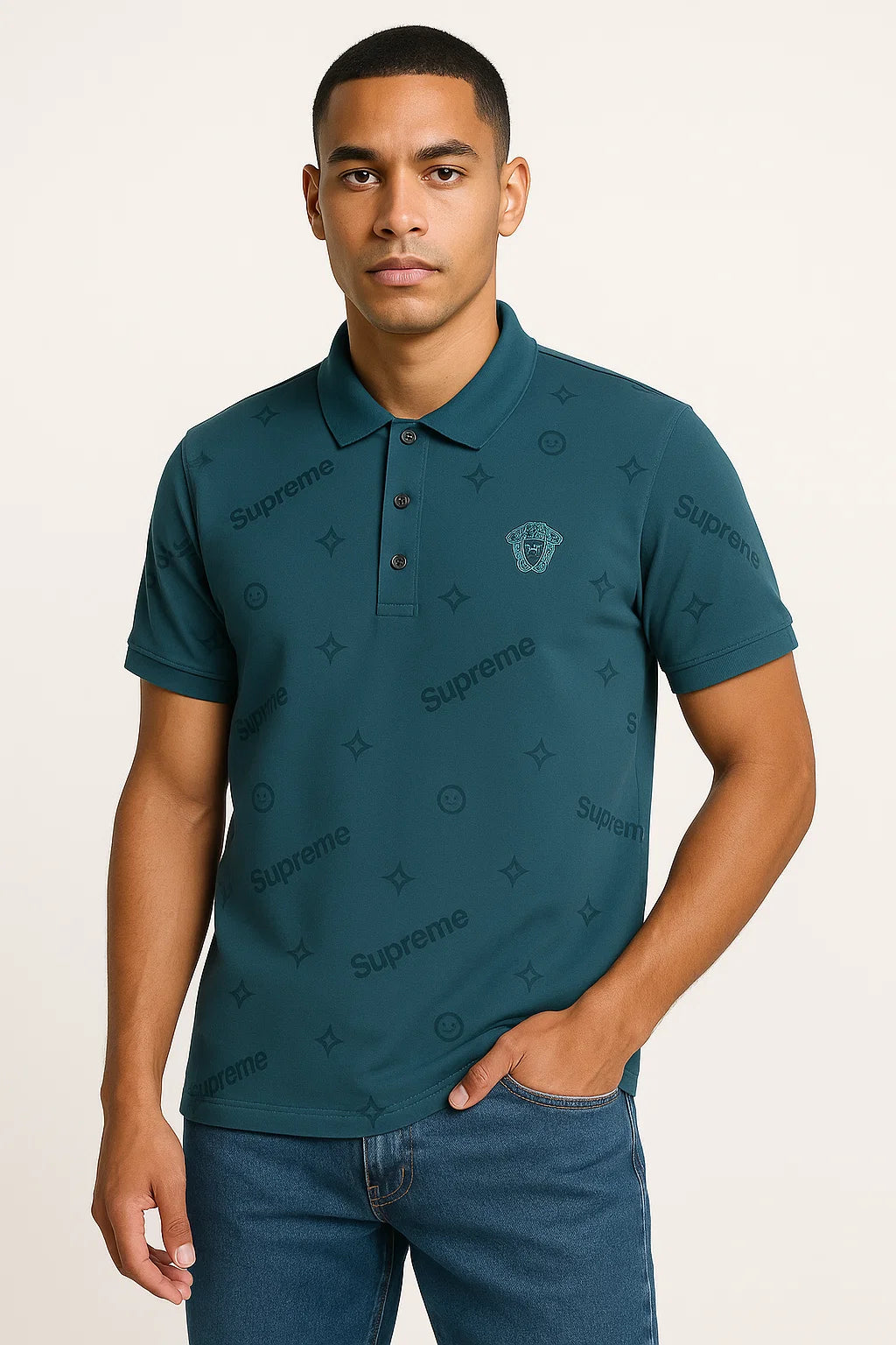 THE STUFF – Teal Designer-Inspired All-Over Print Polo Shirt