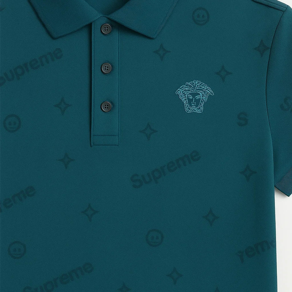 THE STUFF – Teal Designer-Inspired All-Over Print Polo Shirt