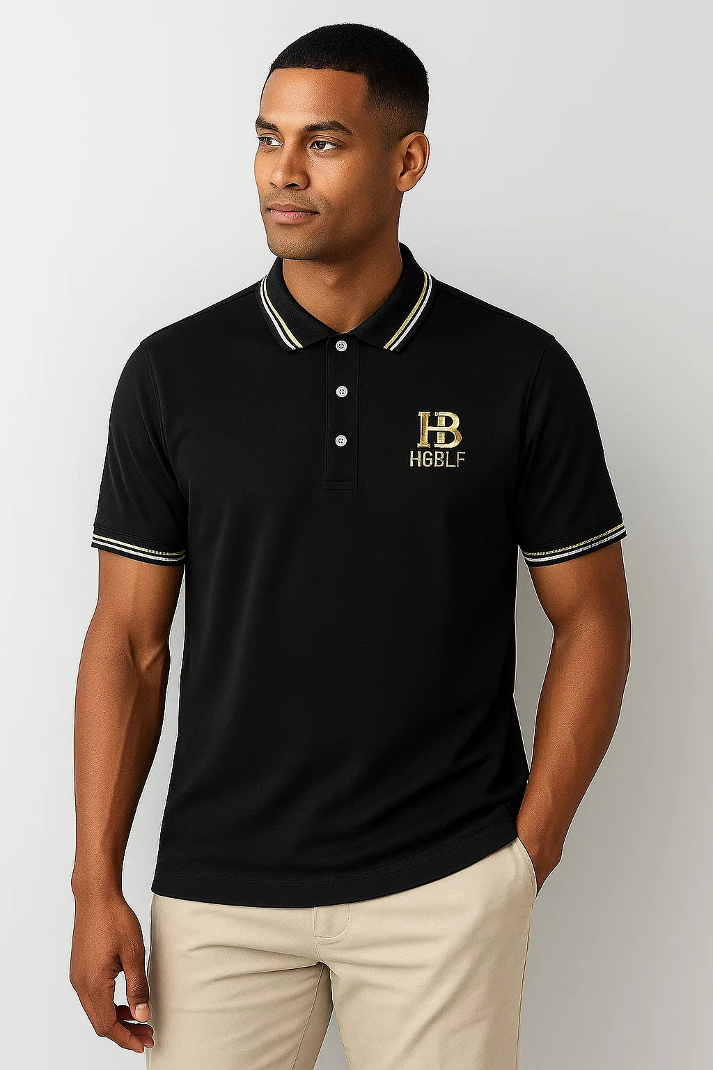 THE STUFF – Black Tipped Collar Polo Shirt with Gold Embroidery