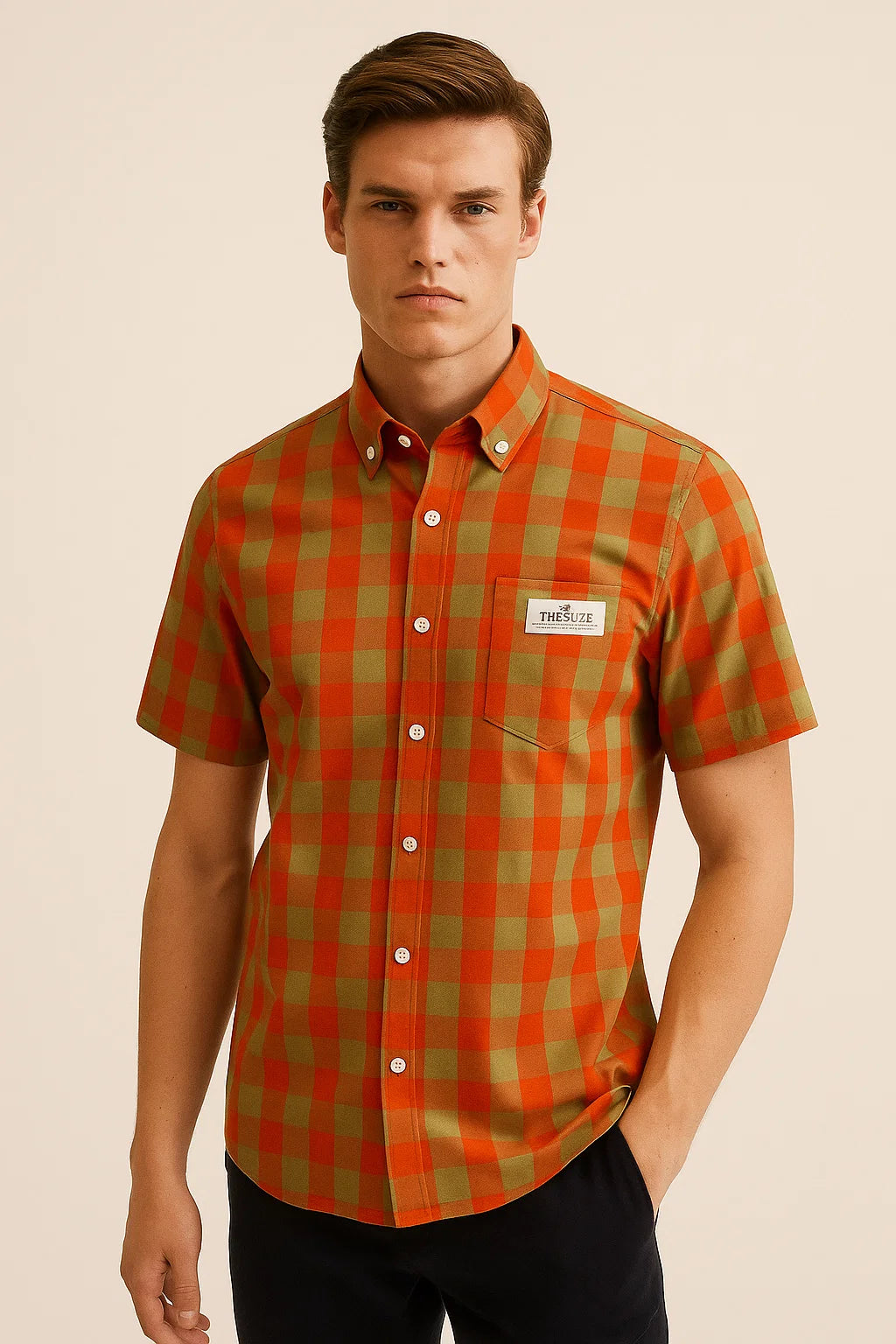 Celestial Checkered Masterpiece – The Divine Fusion of Orange & Olive