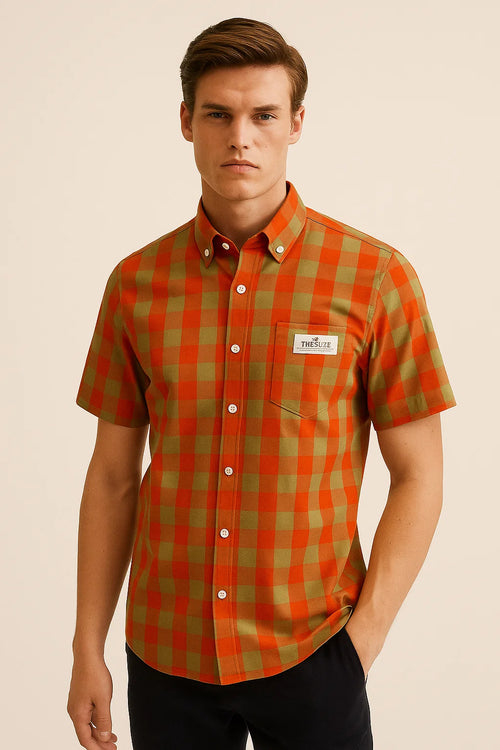 Celestial Checkered Masterpiece – The Divine Fusion of Orange & Olive